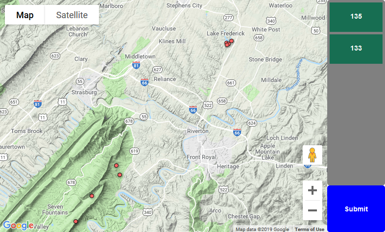 Map showing red points on a terrain hillshade with a selection menu on the right with a submit button.